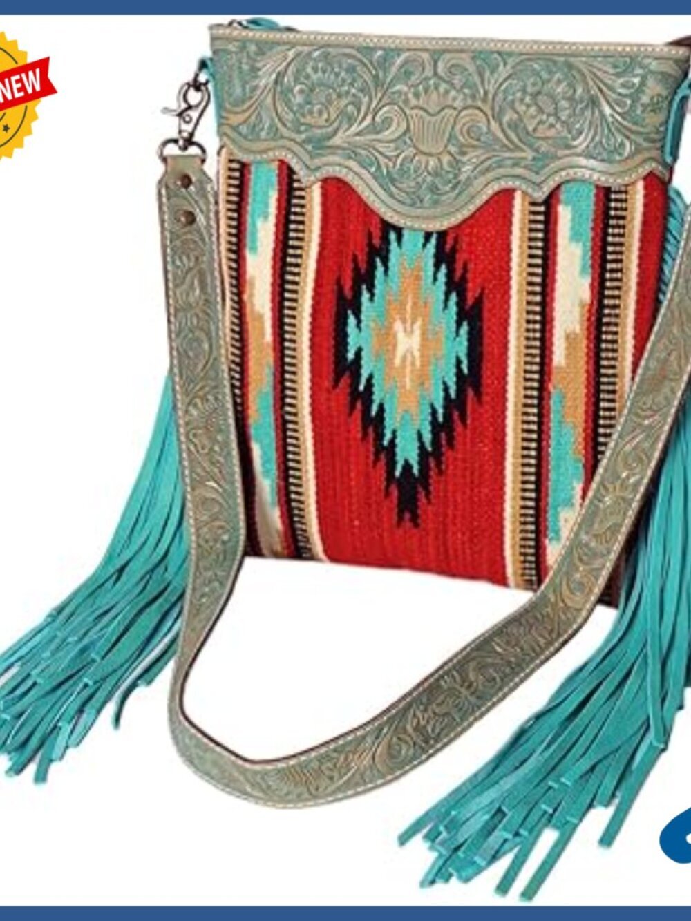 Large Crossbody Bag with Hand Tooled Leather and Woven Saddle Blanket Fringe